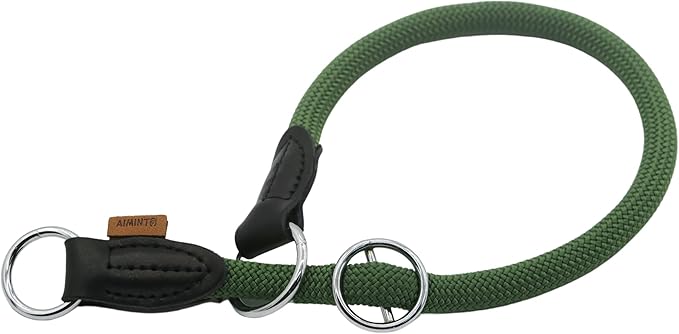 Braided Round Martingale Dog Collar, Training Collar with Slidable Stop Ring - Ideal for Medium/Large Dogs (M+(1/2") - 18" Long, Dark Green)