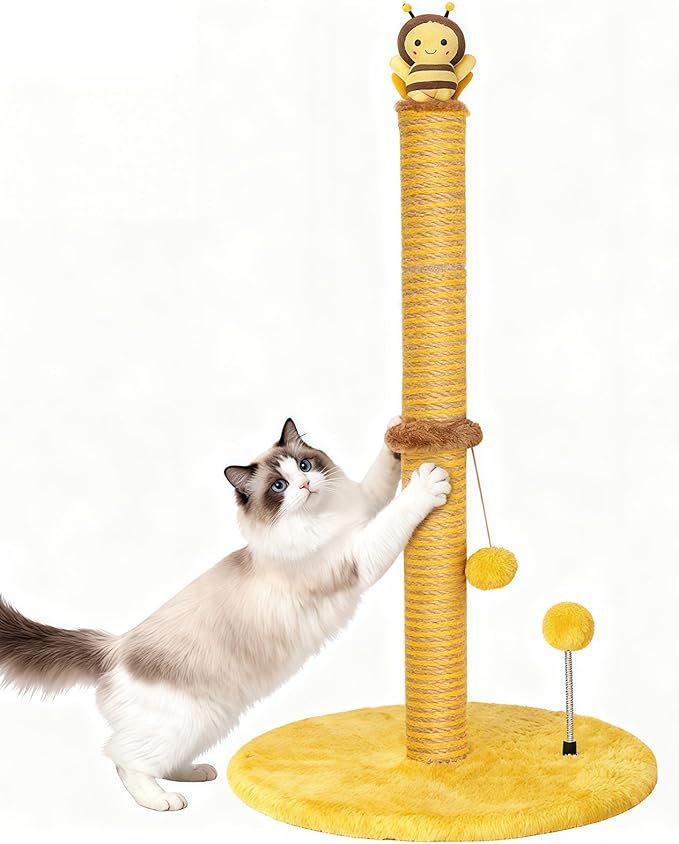 Bee Cat Scratching Post, 36" Tall Cat Scratcher for Indoor Cats - Modern Sisal Scratch Post with Dangling Ball & Plush Toys for Kittens and Adult Cats