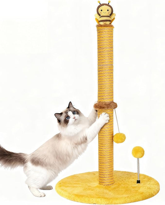 Bee Cat Scratching Post, 36" Tall Cat Scratcher for Indoor Cats - Modern Sisal Scratch Post with Dangling Ball & Plush Toys for Kittens and Adult Cats