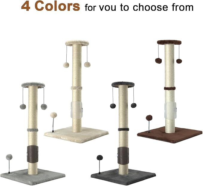 PEEKAB 32" Tall Cat Scratching Post Sisal Rope Scratch Posts with Hanging Ball and Self-Massage Brush Vertical Scratcher for Indoor Cats and Kittens Brown 32inches
