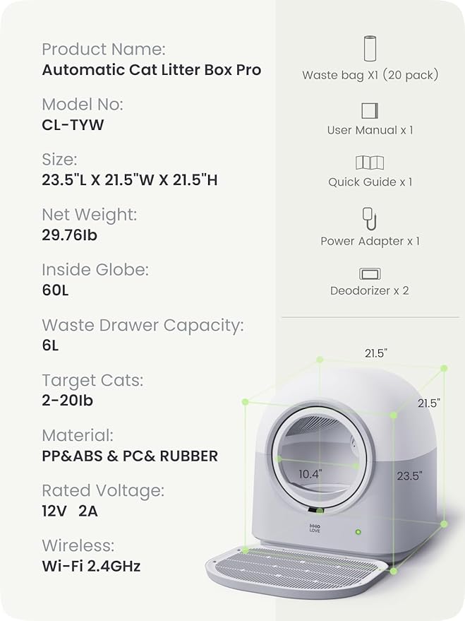 HHOLOVE TYPro Self Cleaning Cat Litter Box Automatic Hands-Free Smart Robot self Cleaning Cat Litter Box for Multiple Cats with APP Control Safe with Litter Mat Waste Bags and Deodorizer