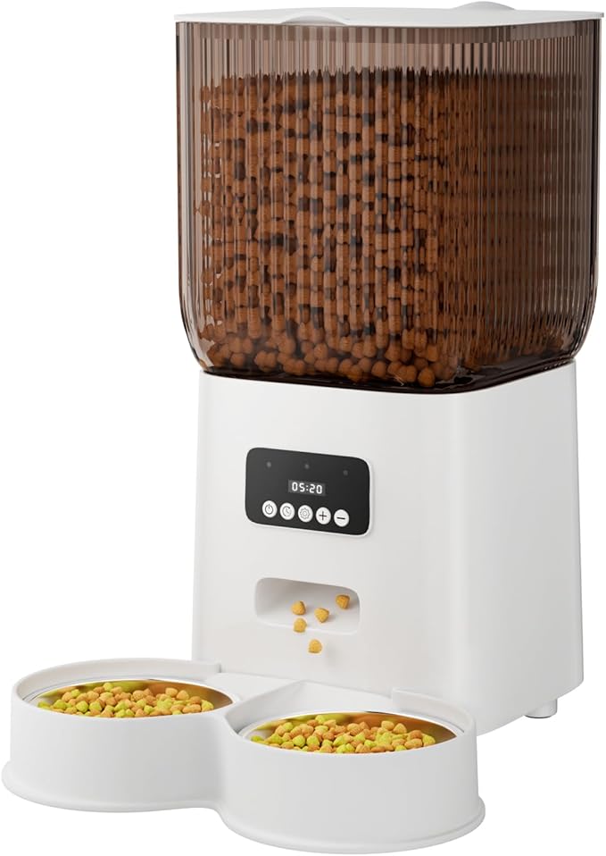 Automatic Cat Feeder, 5L Timed Dual Dog Food Dispenser with Dual Power Supply Programmable 1-15 Meals Control with Auto Pet Feeder for Cats and Dogs (Button)