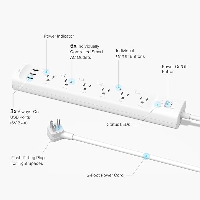 Tapo Smart Wi-Fi Power Strip- 6 Individually Controlled Smart Outlets and 3 USB Ports with Surge Protection, Matter, Works w/Alexa, Google Home, Siri, & Bixby, No Hub Needed, Tapo P316M