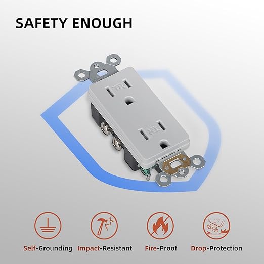 Gray Decorator Wall Recetpacle Outlet, 15 Amp Decor Standard Electrical Wall Socket, 2 Pole 3 Wire, Residential and Commercial Use, UL Listed, 10 Pack