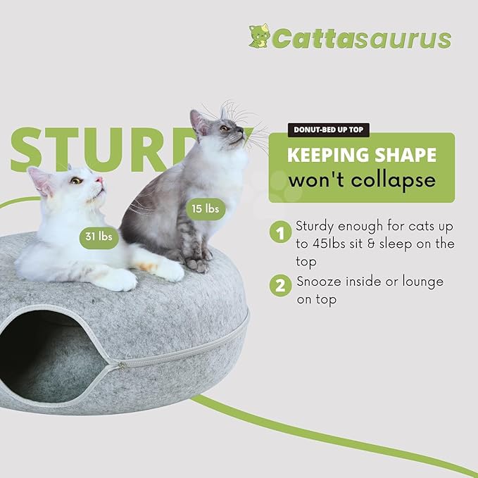Cattasaurus Peekaboo Cat Cave Duo Jumbo Set, Extra Spacious Cat Donut for Multiple & Large Kitty 15+ lbs, Scratch Detachable Cat Beds for Indoor Cats, Washable Cat Tunnel Bed, Best Kitten Toys