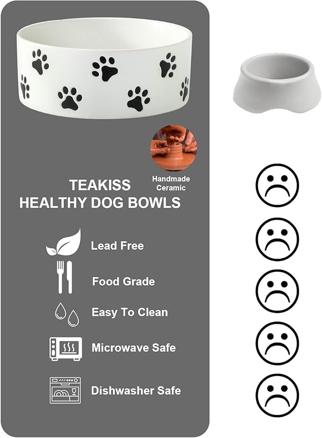 6.5 Inch White Ceramic Dog Bowl with Paw Print Pattern - Porcelain Wide Mouth Dog Food or Water Bowls, Large Feeding Pet Bowls for Indoor Medium Sized Dogs, for Wet or Dry Food
