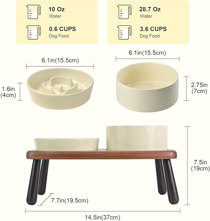 SPUNKYJUNKY Ceramic Elevated Dog Bowls with Slow Feeder Raised with Acacia Bamboo Wooden Stand, 6.1'' Dog and Cat Food Water Bowls Set Non-Slip for Small Medium Sized Breed - Beige
