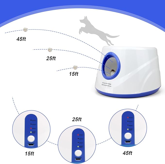 Automatic Dog Ball Launcher with 6 ETPU Balls, Adjustable Distance 20-45ft, USB Rechargeable, Interactive Pet Toy (Blue)