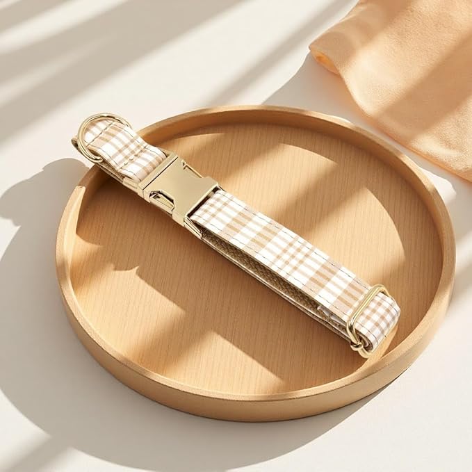 PETDURO Personalized Dog Collar Brown Plaid for Large Medium Dogs | Engraved Name and Phone Number on Gold Metal Buckle for Boys & Girls | Add Leash & Bow Tie via Customize Now