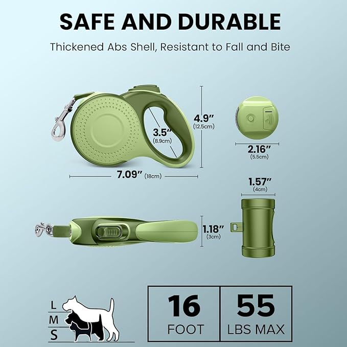 Best Dog Supplies 4-in-1 Anti Pull Retractable Dog Leash 26ft/8Meter Long with Flashlight and Poop Bag Dispenser for Medium Large Dogs - Green