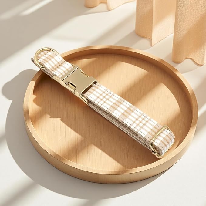 PETDURO Personalized Dog Collar Light Brown Plaid for Large Medium Dogs | Engraved Name and Phone Number on Gold Metal Buckle for Boys & Girls | Add Leash & Bow Tie via Customize Now