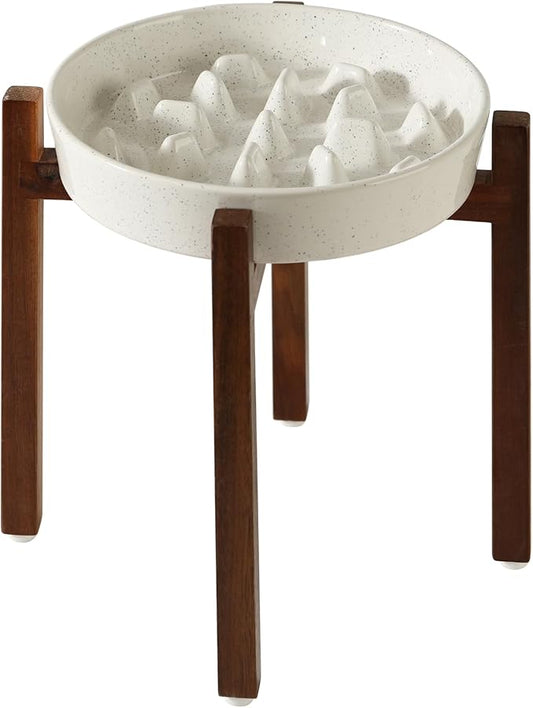 3.2 Cup Ceramic Dog Raised Slow Feeder Set, Elevated Bowl with Wooden Stand for Large Dog, 9.5inch Slow Feeder Dish for Fast Easters(1 Bowl & Stand, Vanilla White)