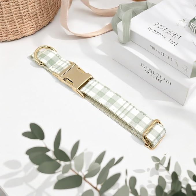 PETDURO Personalized Dog Collar Sage Green Plaid for Large Medium Dogs | Engraved Name and Phone Number on Gold Metal Buckle for Boys & Girls | Add Leash & Bow Tie via Customize Now