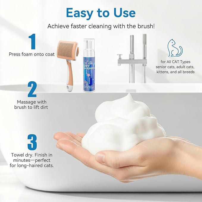 Waterless Cat Shampoo with Brush - No Rinse Safe Licking Foam, Reduce Shedding & Dander, Hypoallergenic for Kittens/Senior Cats, Quick Dry Grooming & Odor Control, Dry Shampoo pH Balanced (7 oz)