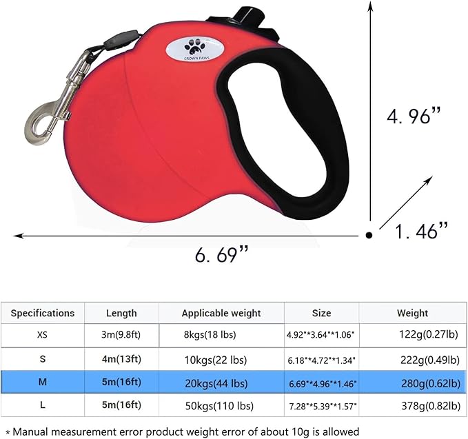 16ft Retractable Dog Leash for Medium Breed Dogs up to 44 lbs with a Detachable Chew Proof Extender Wire Ropes (RED M)