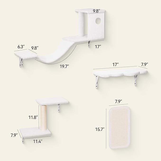 6-in-1 Cat Wall Shelves, Wall-Mounted Cat Furniture for Indoor Kittens, Modern Floating Shelves with Scratching Posts, Bed, Perch, Bridge, Condo, Steps and Scratcher, Space-Saving Gym, White