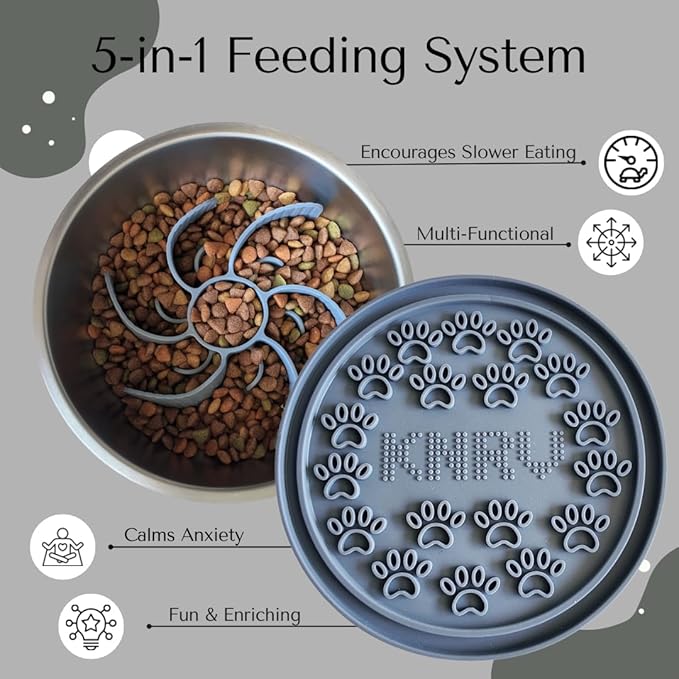 Slow Feeder Dog Bowl with Premium Lick Mat Lid | Heavy Duty Stainless Steel Dog Bowls | Silicone Slow Feeder Insert | Non-Slip & Durable | 64 oz | Medium to XL Dogs (Steel Gray)