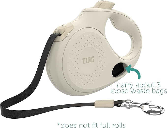 TUG Oval 360° Tangle-Free Retractable Dog Leash with Integrated Waste Bag Dispenser (Medium, Cream)