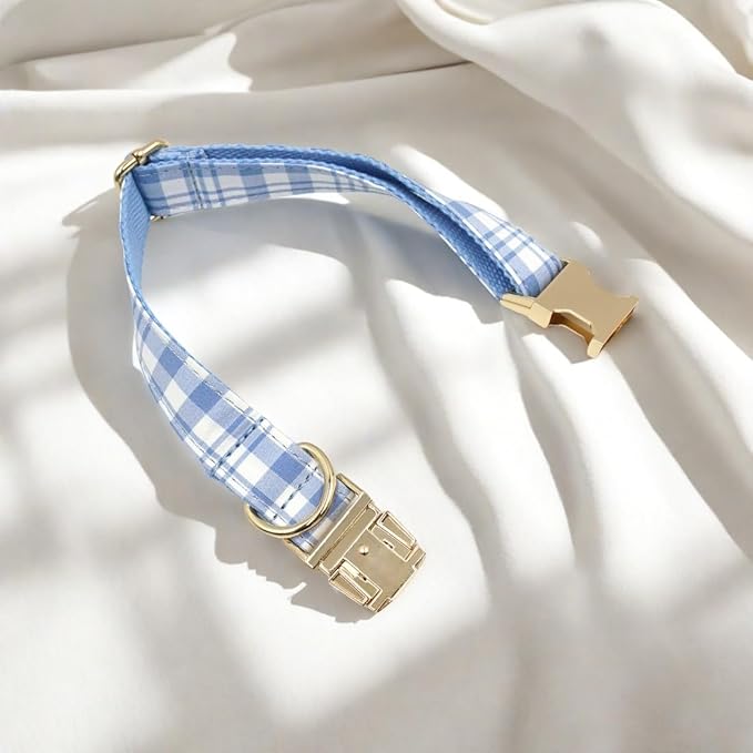 PETDURO Personalized Dog Collar Sky Blue Plaid for Large Medium Dogs | Engraved Name and Phone Number on Gold Metal Buckle for Boys & Girls | Add Leash & Bow Tie via Customize Now