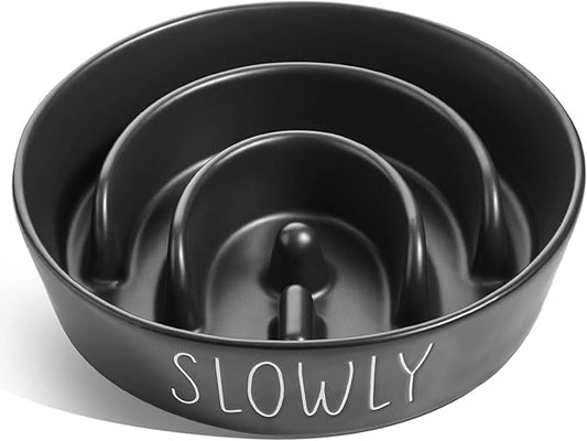 Slow Feeder Dog Bowl - Ceramic 3 Cup Puzzle Maze for Medium & Large Breeds, Puppies & Fast Eaters, Pet Food Dish Black