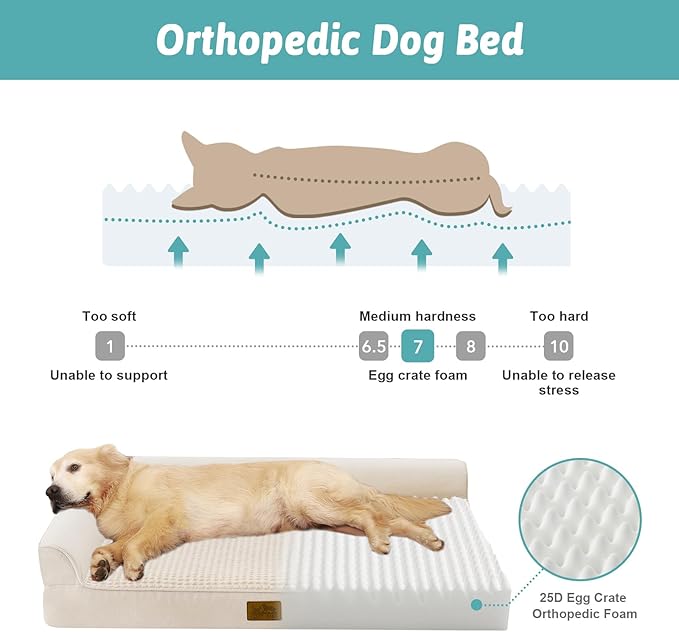 Orthopedic Dog Bed for Large Size Dog, XL Dogs Crate Bed, L Shaped Foam Anti-Slip Bottom Pet Cat Sofa with Washable Removable Cover, Suitable for Pet Up to 100 lbs, 44x32x7 inch, Beige