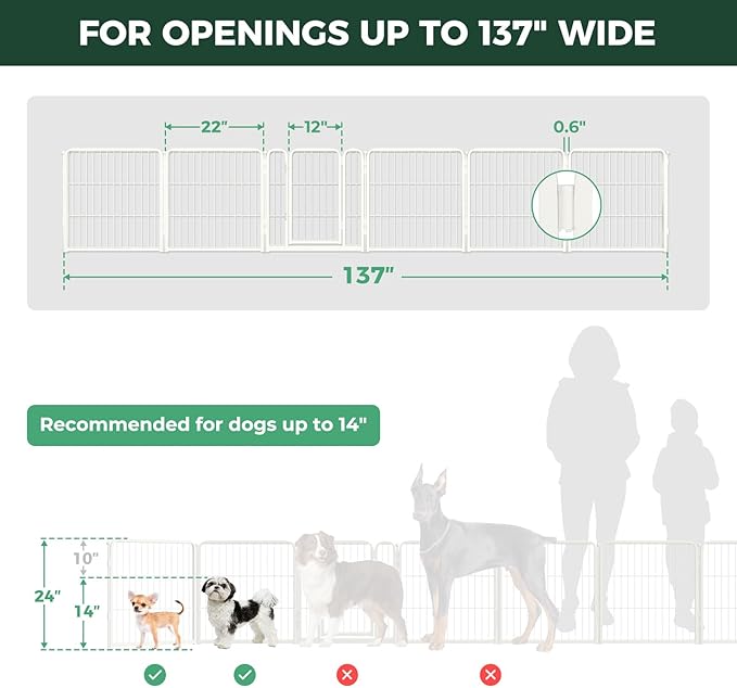FXW Dog Gate Extra Wide Designed for Indoor Use, Adjustable Width Up to 137-inch Wide (24" H 6 Wire Panels for Puppies and Small Dogs), White