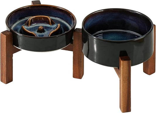 Ceramic 0.9 Cup Raised Slow Feeder Dog Bowl Set, Elevated 6.1inch Water Bowl and 6.1inch Slow Dish with Acacia Wood Stand for Small Dogs (2 x Starry Sky+ Stand)