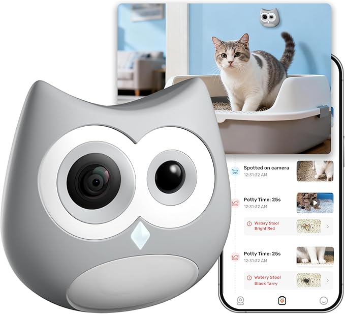 Litter Box Camera – AI Cat Health Monitoring, Records Cat's Toileting Behavior, Abnormal Alerts, Fits Automatic & Standard Litter Boxes, Multi-Cat Support, Cat Cam with Night Vision(Grey)