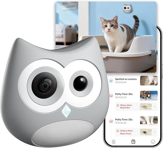 Litter Box Camera – AI Cat Health Monitoring, Records Cat's Toileting Behavior, Abnormal Alerts, Fits Automatic & Standard Litter Boxes, Multi-Cat Support, Cat Cam with Night Vision(Grey)