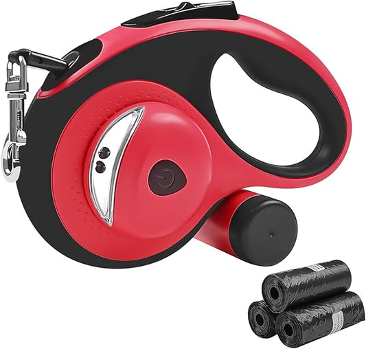 Retractable Dog Leash with Light - 26Ft Leashes with Poop Bag & Holder, One Button Break & Lock, 360°Tangle Free, Anti Slip Grip, Red