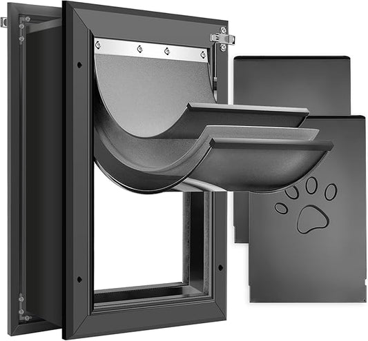 [Petoasis] 3-Flaps Dog Door for Wall, Rust Proof Aluminum Alloy Frame, Extreme Weather Dog Door Can Block Wind, Snow, and Rainwater Intrusion (Black, Large for Wall)