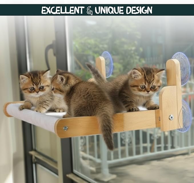 Foldable Cat Window Perch with Plush Furry Cover, Cat Hammock with Wooden Frame - Sturdy Suction Cups, No Drilling Required, Perfect for Indoor Cats & Kitchens, Easy to Clean
