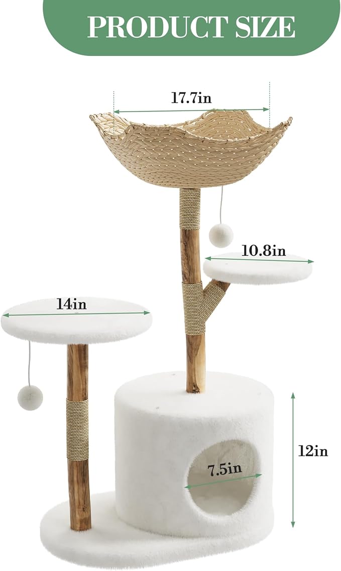 46" Large Modern Cat Tree, Wooden Cat Tower with Scratching Posts, Platforms, Spacious Wicker Basket, Pom Pom Balls and Wood Branch, Luxury Condo for Kittens