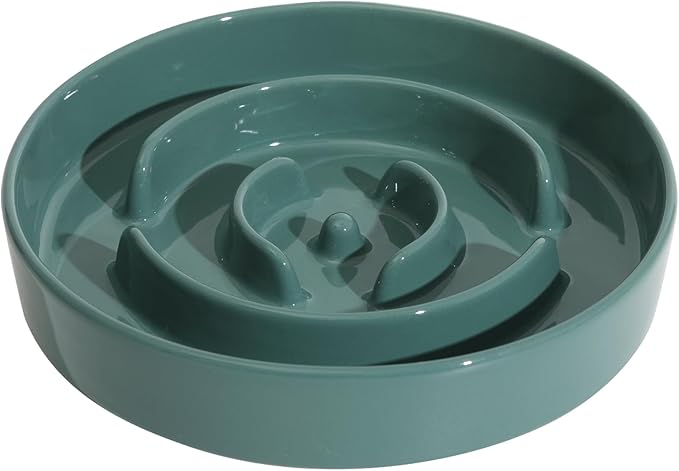 Ceramic 1.6 Cup Slow Feeder Dog Bowl for Medium and Large Breed, 8.2inch Puzzle Dog Food Dish, Anti-Gulping, Stop Bloat, Preventing Choking (Single Bowl-Dark Green)