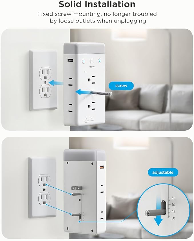 Govee Smart Plug Outlet Extender, 3-Sided Smart Power Strips with 2 Smart Outlets & 2 USB Ports with RGB Night Light, APP & Voice Control, Surge & Overload Protection for Home Office