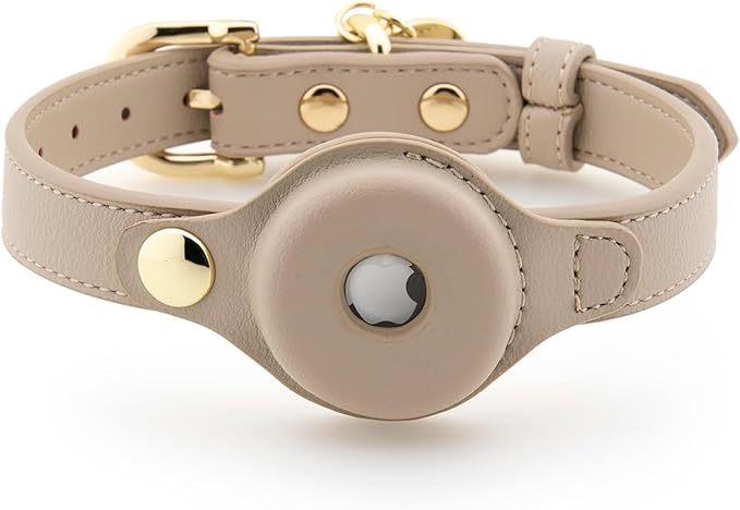 NINA WOOF Cupertino Dog Collars, Harnesses & Leashes Made from Vegan Leather with Dog Tracker Device Holder Adjustable Dog Collar - Color Beige, Large