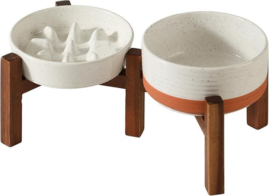 Ceramic 0.9 Cup Raised Slow Feeder Dog Food and Water Bowl Set, Elevated 6.1inch Bowl and 6.1inch Dish with Acacia Wood Stand for Small Dogs(2 x Vanilla White+ Stand)