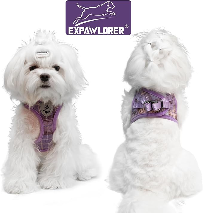EXPAWLORER Classic Plaid Step-in Dog Harness with Adjustable Collar, Soft No-Pull Vest, Reflective, Purple