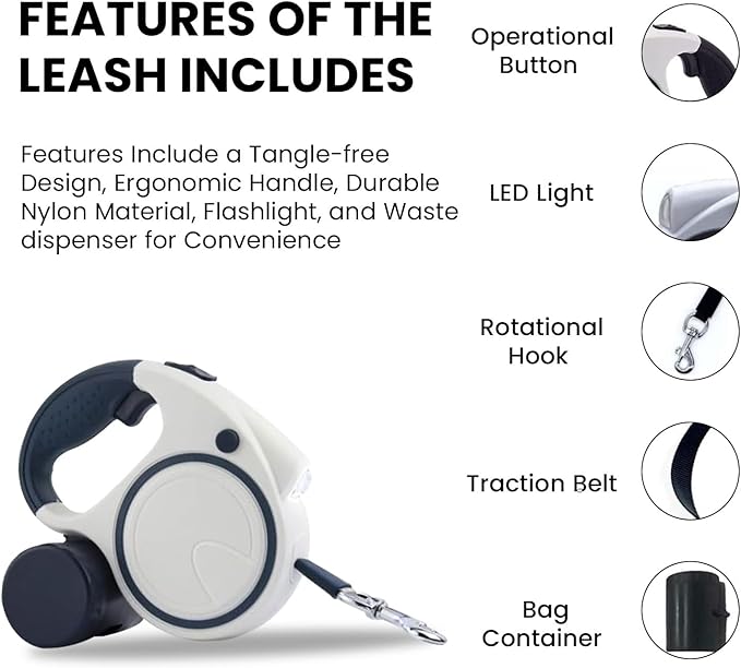 Best Dog Supplies Retractable Fancy Leash with Flashlight and Dispenser for Safe and Comfortable Walk with Your Pet - 16 ft White Dog Leash Suitable for All Pets