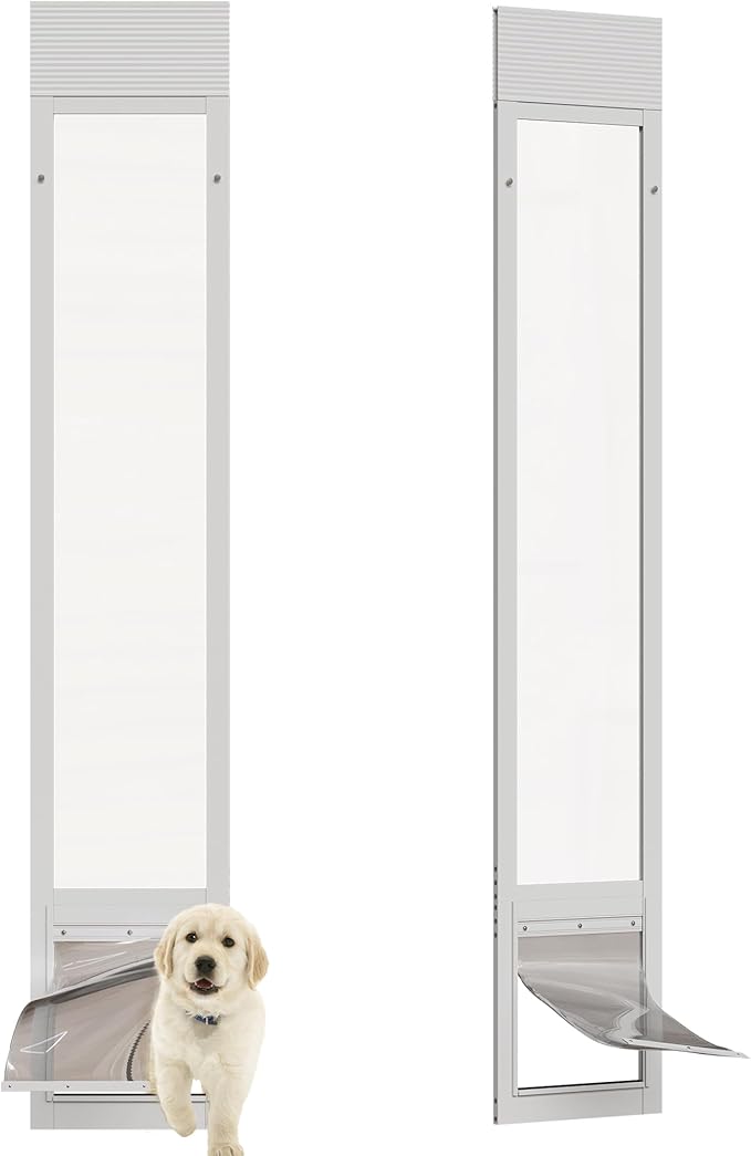 Doggy Door for Sliding Glass Doors, Adjustable Height 76 1/8"-80 7/8" Aluminum Frame Tempered Sliding Door Dog Doors Insert with Lock,Medium Transparent 7" x 11" Flap Size for Large Dogs