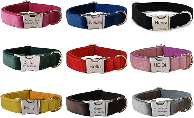 Custom Dog Collar with Metal Buckle - Pet Collars Personalized with Name and Phone Number (Velvet Style2)