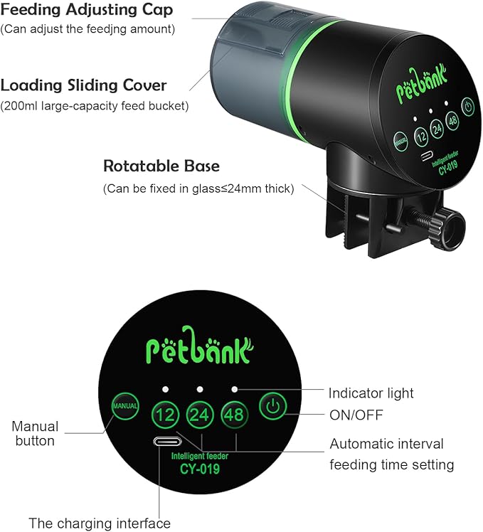 Automatic Fish Feeder for Aquarium - Auto Fish Food Dispenser Rechargeable for Small Large Tank with USB Charger Cable，12/24/48H Interval Esay Set Up (Black, CY-019)