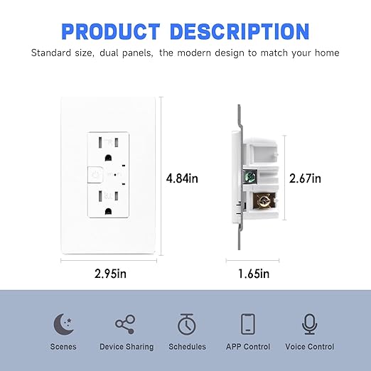 Smart Wall Outlet, Smart Tamper Resistant Outlet Compatible with Alexa and Google Assistant, Remote Control, ETL & FCC Approvel Samrt Receptacle, Requires 2.4 GHz Wi-Fi, No Hub Required, 4Pack