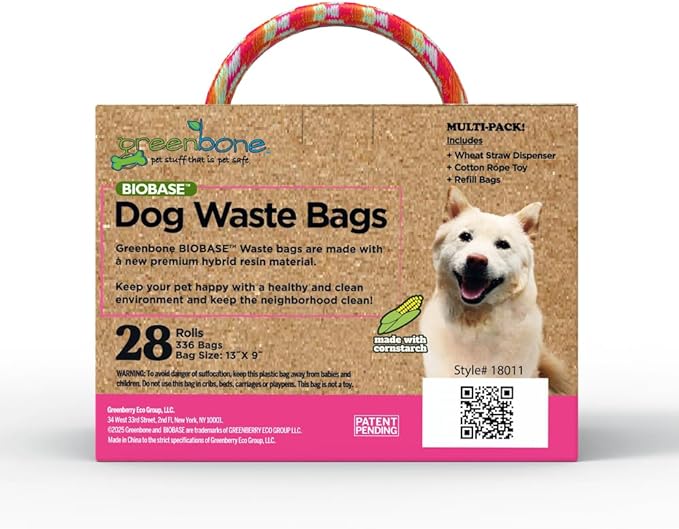 Greenbone BioBase Pink Dog Poop Bag Refills: 28 Rolls - 336 Bags with Dispenser and Rope Toy Handle- Dog Gift Set