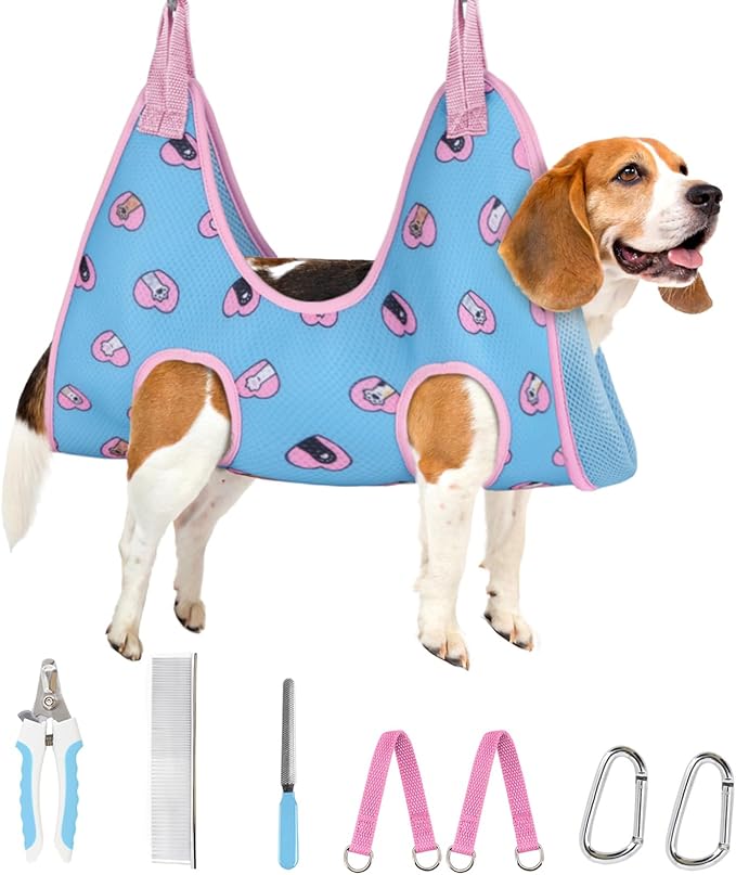 Supet Dog Grooming Hammock Harness for Dogs Cats, Relaxation Pet Nail Clipper Hammock, Restraint Dog & Large Animal Leashes Sling for Groomingk for Nail Trimming (Blue-Love, L)