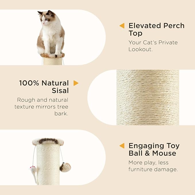 Joydeco Cat Scratching Post 34 Inches Heavy Duty and Thick Scratching Post Sisal Rope with Hanging Ball and Mice for Indoor Cats(Coffee)