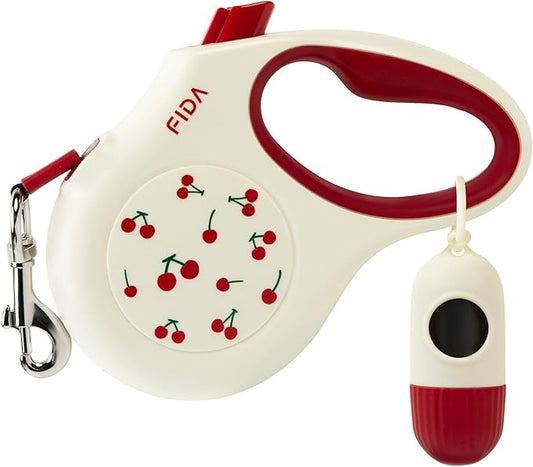 Fida Retractable Dog Leash with Dispenser and Poop Bags, 16 ft Pet Walking Leash for Small Dog or Cat up to 26 lbs, Anti-Slip Soft Handle, Tangle Free, Reflective Nylon Tape (S, Cherry)