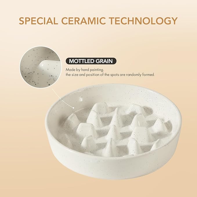 Ceramic 3.2 Cup Dog Bowl Slow Feeder, 9.5 inch Slow Pet Food Dish for Large Dog, Stop Bloat, Preventing Choking(Single Bowl, Vanilla White)