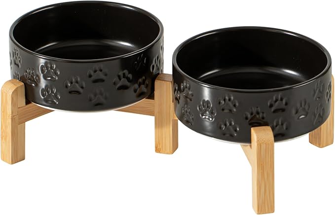 Elevated Ceramic Dog Bowl Set, 5.1" Dog Bowls with Dual Fixed Heights Stand, 1.6 Cup Food & Water Bowls for Toy Breed, Adult Cat, Small-Breed Puppy (Double Bowls + Stand - Black, 5.1 inch)