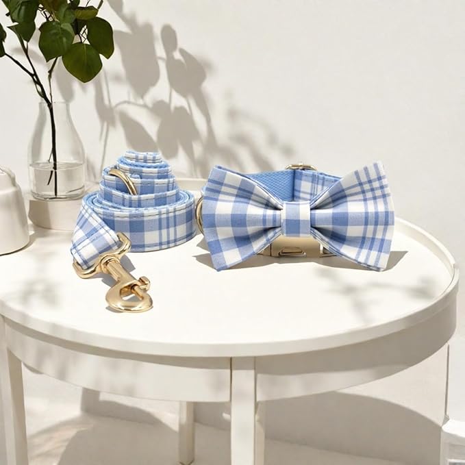 PETDURO Personalized Dog Collar Sky Blue Plaid for Large Medium Dogs | Engraved Name and Phone Number on Gold Metal Buckle for Boys & Girls | Add Leash & Bow Tie via Customize Now